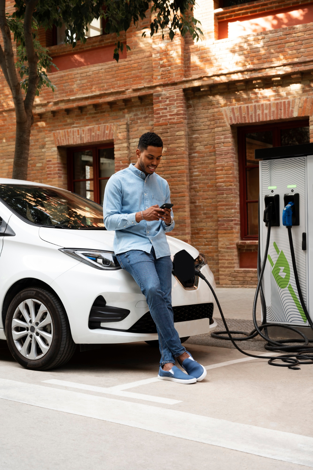 full-shot-man-waiting-electric-car-charge